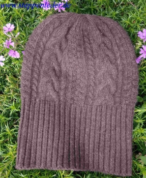 Preview: 100% Yak-Wolle Mütze dunkelbraun mit Zopfmuster